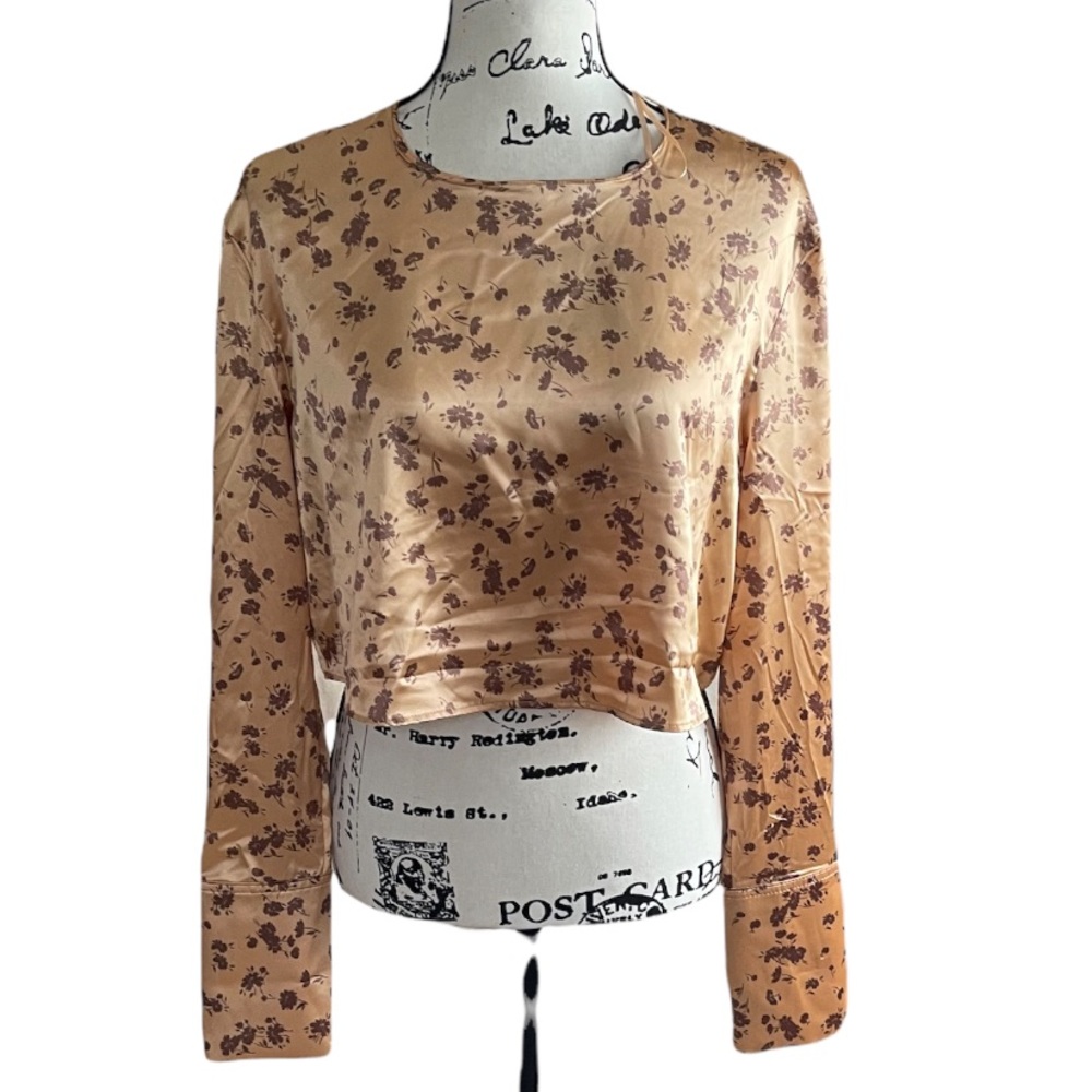 ZARA SATIN GOLD BROWN FLORAL CROP TOP LARGE - Picture 3 of 6
